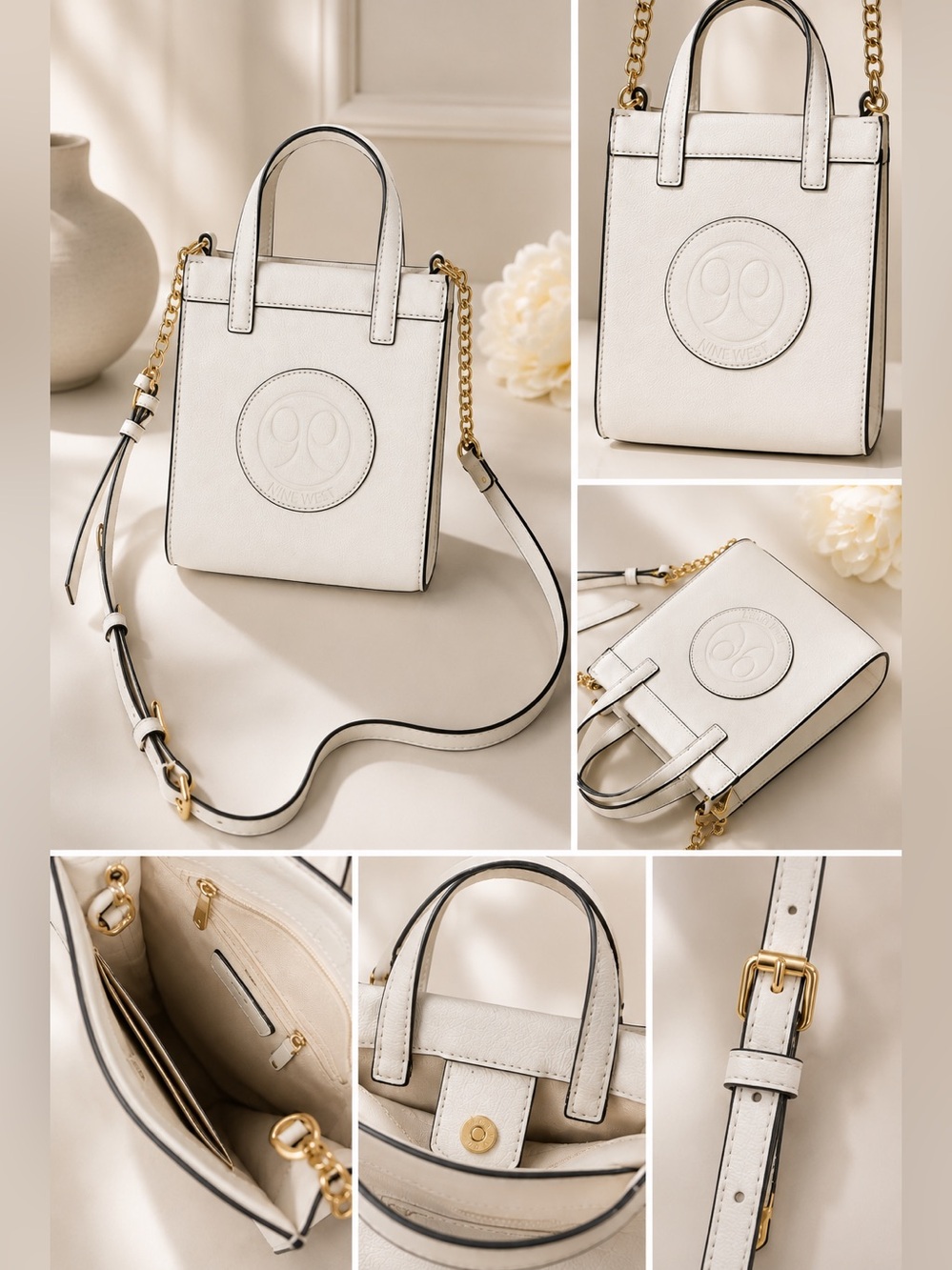 Nine West Cream Leather Crossbody with Gold Chain Trim